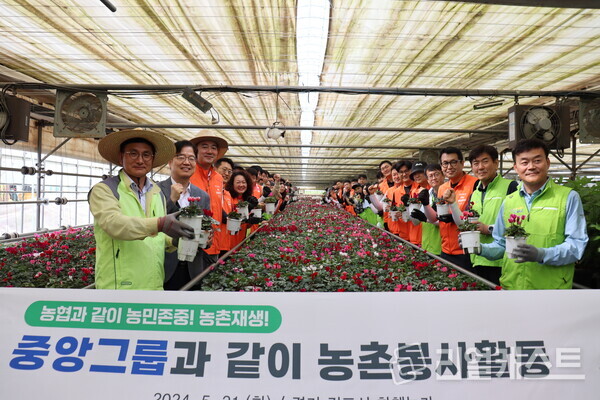 이동근 농협중앙회 농업농촌본부장(오른쪽 첫 번째), 조동환 고촌농협 조합장(왼쪽 첫 번째), 홍정도 중앙그룹 부회장(왼쪽 세 번째), 김규식 김포시 부시장(왼쪽 두 번째) 등 임직원이 김포시 관내 화훼농가에서 봉사활동을 진행했다 /농협중앙회