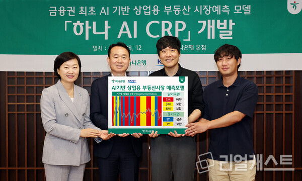 하나은행이 상업용 부동산 시장예측 모델인 '하나 AI CRP' 서비스를 개발했다. 김영훈 하나은행 자산관리그룹 부행장(왼쪽 두 번째), 이은정 하나은행 WM본부 본부장(왼쪽 첫 번째), 김우창 KAIST 교수(왼쪽 세 번째) / 하나은행